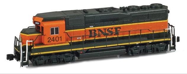 A model of the EMD GP30 diesel locomotive operated by the BNSF Railway in orange, black, and yellow colors with the number 2401 displayed.