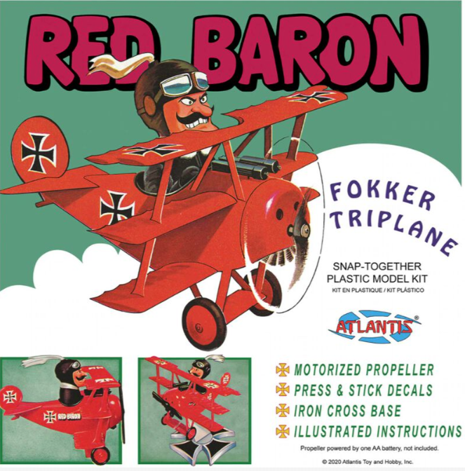 Red Baron figure in red Fokker Triplane with powered propeller