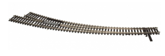 A model of a curved, right-hand switch with a silver-colored rail and black plastic ties, designed for a model railway.