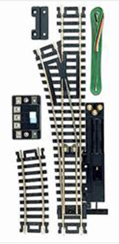 HO scale model train track with a switch and remote snap switch mechanism, including track joiners and a power wire.