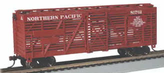 A model of a red 40' stock car with the text 'Southern Pacific' printed on the side, equipped with blackened metal wheels and a silver-colored coupler.