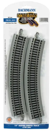 A set of four nickel silver E-Z track pieces for model railroading with a grey roadbed.