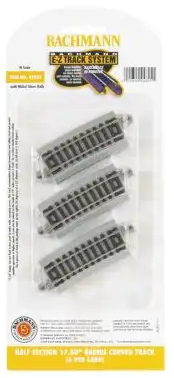 A set of six curved, nickel silver track pieces for model trains, displayed on a white background.