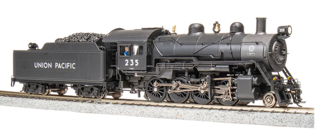 A black model of a 2-8-0 Consolidation steam locomotive with a die cast construction and detailed components such as handrails and a tender car.