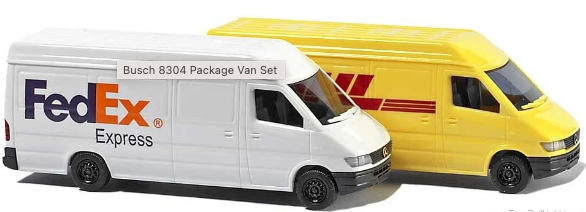 N scale package van set consisting of a white van and a yellow trailer with 'RLC' branding on the side.