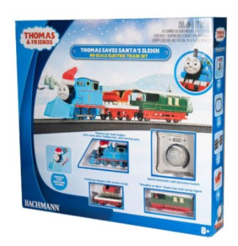 Packaging for Bachmann 00773 – Thomas Saves Santa’s Sleigh Train Set, featuring an image of Thomas the Tank Engine with a Santa Claus figure, red and green train cars, and a track setup.