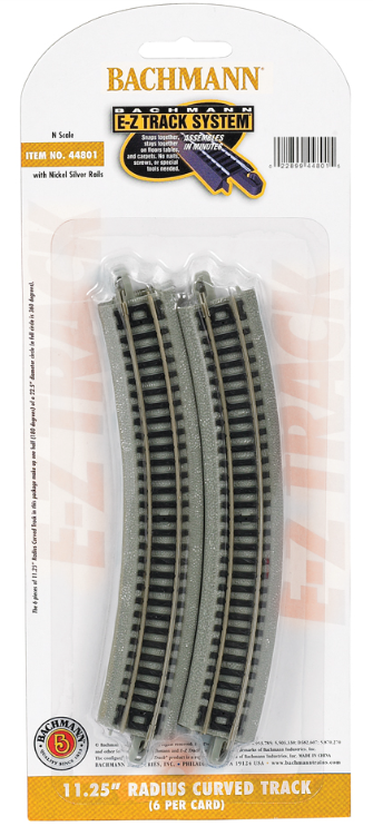Package of Bachmann 11.25 inch radius curved track for N scale modeling, showing the track pieces in gray.