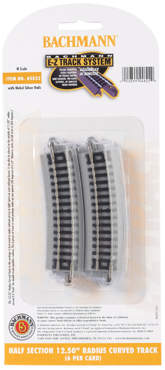 A pack of Bachmann 12.50" radius curved track pieces for model trains, displayed in a clear plastic packaging.
