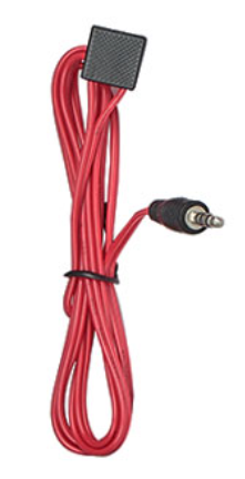 A red plug-in power wire for a toy train set, with a black plug.