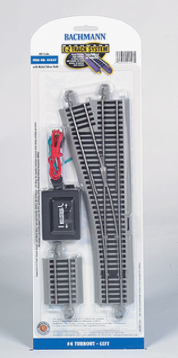 Bachmann 44557/ E-Z Track NS Turnout #4, showing the components of the track switch, including the roadbed and rails, packaged in a clear plastic box.