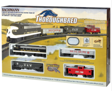 Bachmann 691 Thoroughbred Train Set packaging showing a black and silver locomotive with a red caboose and additional train cars, with Bachmann and Norfolk Southern branding.