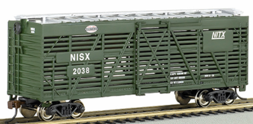 Bachmann HO 18517 40' Stock Car model train car with New York Central #2038 markings, featuring blackened metal wheels and body mounted couplers.