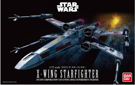 A 1:72 scale model kit of the T-65 X-Wing Space Fighter from Star Wars, featuring a gray spaceship with red and white accents, a pilot figure, and a display base.