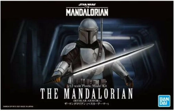 A 1/12 scale plastic model kit of The Mandalorian character from Star Wars, featuring Beskar Armor, with accessories like a spear and blaster included.