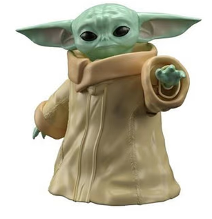 Bandai 1/4 scale model of 'The Mandalorian' character Grogu (Baby Yoda) in a beige robe, extending his hand forward.