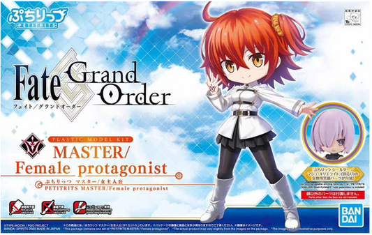 A plastic model kit of a female character from the Fate Grand Order series, with a dynamic pose and a cheerful expression.