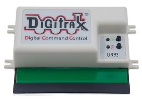 Digitrax UR93 Duplex Radio Transceiver, white and green in color with a Digitrax logo, status LEDs, and a PS14 Universal power supply jack.