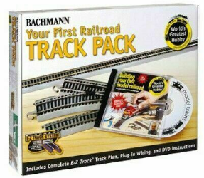 Packaging for Bachmann Nickel Silver First Railroad Track Pack, showing the track pieces, DVD, and a model train setup.