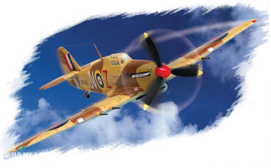 A model of a Hurricane MKII/Trop fighter plane in flight, made by Hobby Boss, depicted against a cloud-filled sky background.