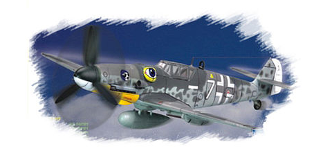 A 1/72 scale model kit of a BF109 G-6 fighter plane, featuring a gray body with yellow accents and black propeller, against a blue background.