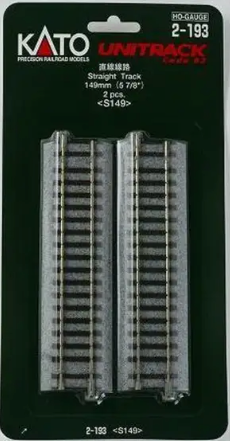 Two pieces of KATO brand model train tracks, packaged in a clear plastic box with a black background. The tracks are designed for a 5 7/8 inch scale model.