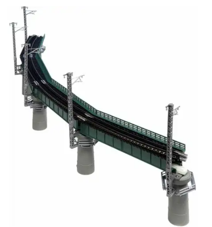 A model of a curved green bridge with a gray decked girder design, part of a model train set.
