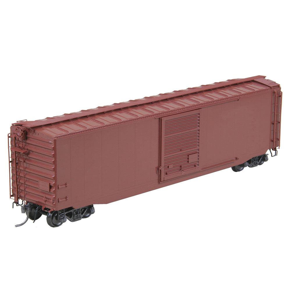 A red Kadee 6000 HO Scale Undecorated Sharp Slope No Lip Sill 50' PS-1 Boxcar with a 9' Youngstown Door.