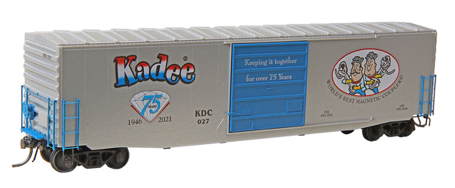 Kadee 75th Anniversary KDC #027 - RTR 50' PS-1 Boxcar model train car in silver and blue color scheme with the Kadee logo.