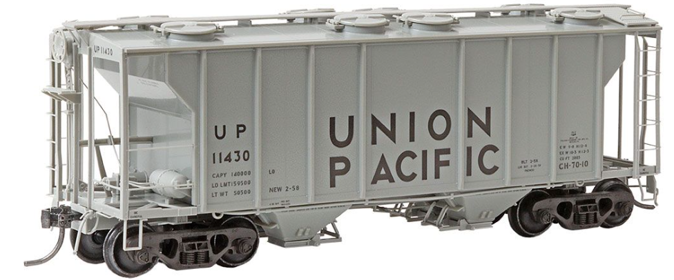 HO Scale Union Pacific #11430 - RTR PS-2 Two Bay Hopper model train car in light gray color with the Union Pacific logo and a numerical indication '11430' on its side.