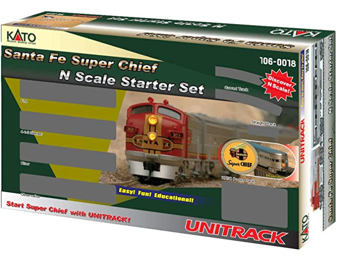 Packaging for Kato 1060018 at&SF Super Chief RTR Starter Set, displaying the train components and the box car labeling.