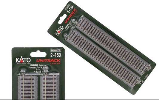 Packaging for KATO model train tracks showing the product name and quantity, with a green and white color scheme.