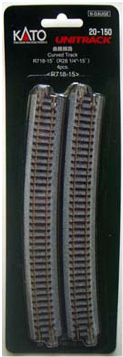 A set of Kato brand model train tracks with a 15-degree curve, designed for N scale modeling.