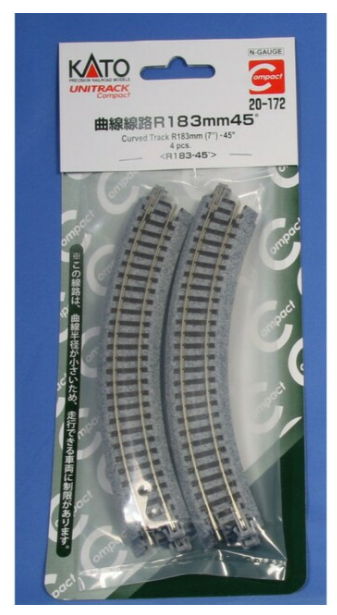 Pack of four Kato brand Unitrack Compact 183mm (7") Radius 45° Curve Track pieces, displayed in clear packaging with green and white labeling.
