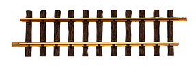 A straight track section for a toy train, made of solid brass with a golden brown finish.