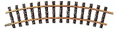 A curved model train track section with solid brass rails.