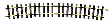 A single piece of curved track with a 15 degree angle, made of solid brass, intended for use in constructing a train track layout.