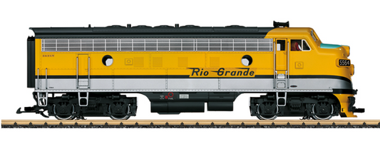 A model of a yellow and black EMD F7 A unit diesel locomotive painted for the Denver & Rio Grande Western Railroad, with the name 'Rio Grande' visible on the side.