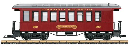 A model of a red Durango & Silverton Railroad passenger car with the name 'Prospector' printed on the side.