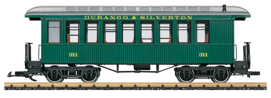 A model of a dark green Durango & Silverton Railroad passenger car with metal wheelsets and opened doors, designed for a model train set.