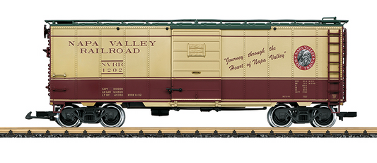 A model of a beige and red Napa Valley boxcar with metal wheel sets and opened side doors, part of a model train set.