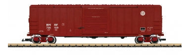 A model of a red BNSF boxcar with metal wheels.