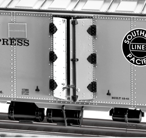 Lionel Pacific Fruit Express silver steel-sided refrigerator car model train component with detailed metal underframe and opening roof hatches.