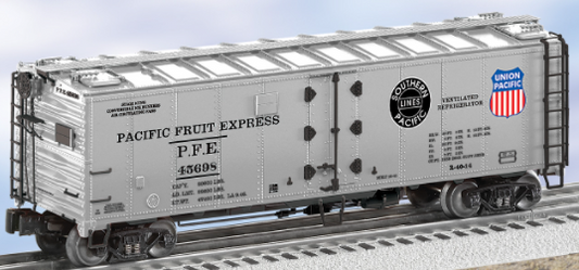 Lionel Pacific Fruit Express silver steel-sided refrigerator car model train component with detailed metal underframe and opening roof hatches.