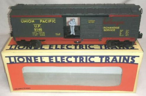 Lionel Union Pacific 9146 O Scale model railroad boxcar with some signs of wear.