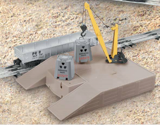 Lionel derrick platform toy set with two containers, featuring a crane and a train.