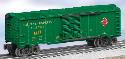 A green toy train car labeled 'Lionel Railway Express Agency' with die-cast metal trucks and operating couplers.