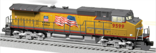 A toy model of a Union Pacific Legacy Scale Dash 9-44CW diesel locomotive, predominantly yellow with gray and red accents, featuring a U.S.