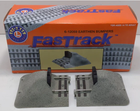 Lionel 6-12059 O FasTrack Earthen Bumpers packaging and two bumpers