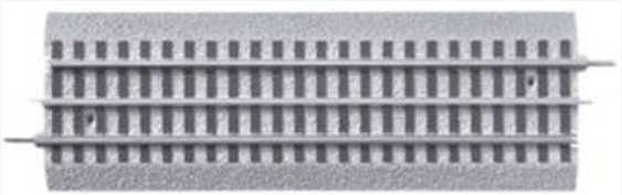 A 10-inch straight track piece for a toy train set, predominantly gray in color.