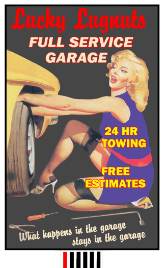 A model train accessory depicting a 'Lucky Lugnuts' billboard with a pin-up girl design, for train layouts.